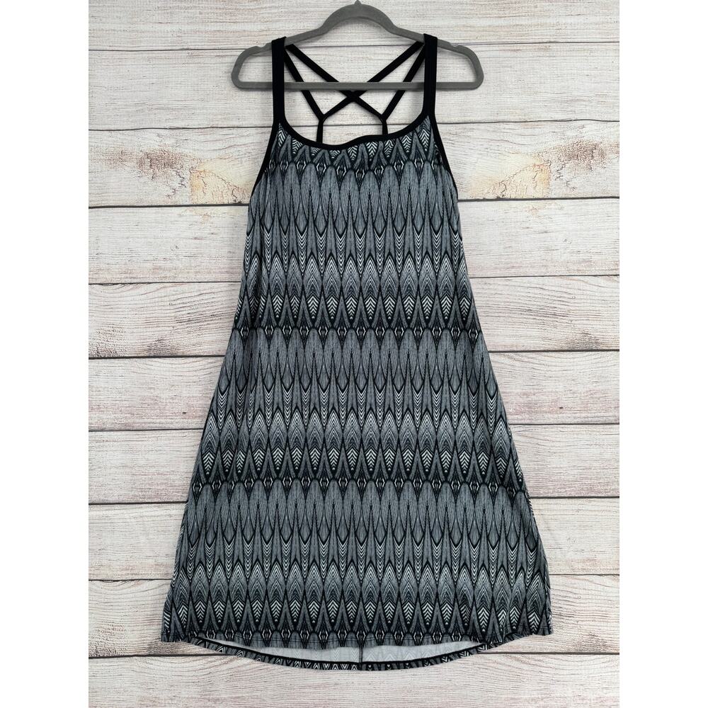 prAna Feather Print Strappy Padded Performance Dress Womens XL Gray Black